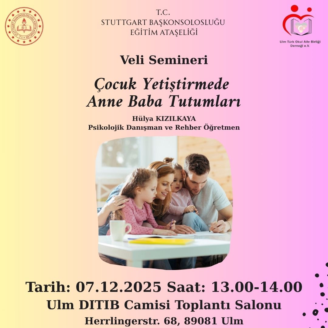 stuttgartegitim's tweet image. Psikolojik Danışman ve Rehber Öğretmenimiz Hülya Kızılkaya tarafından Ulm&apos;de düzenlenecek olan &apos;Çocuk Yetiştirmede Anne Baba Tutumları&apos; konulu veli seminerine davetlisiniz.
@tcmeb @mebabdigm @mebyyegm #egitimdiplomasisi
