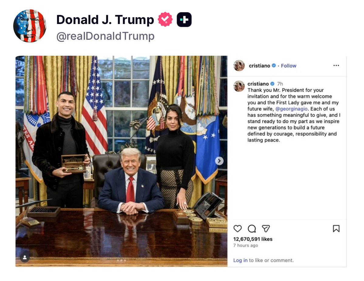 MahalaxmiRaman's tweet image. #CristianoRonaldo’s photo with President #Trump in the #OvalOffice has amassed a whopping 12.6 MILLION LIKES and counting