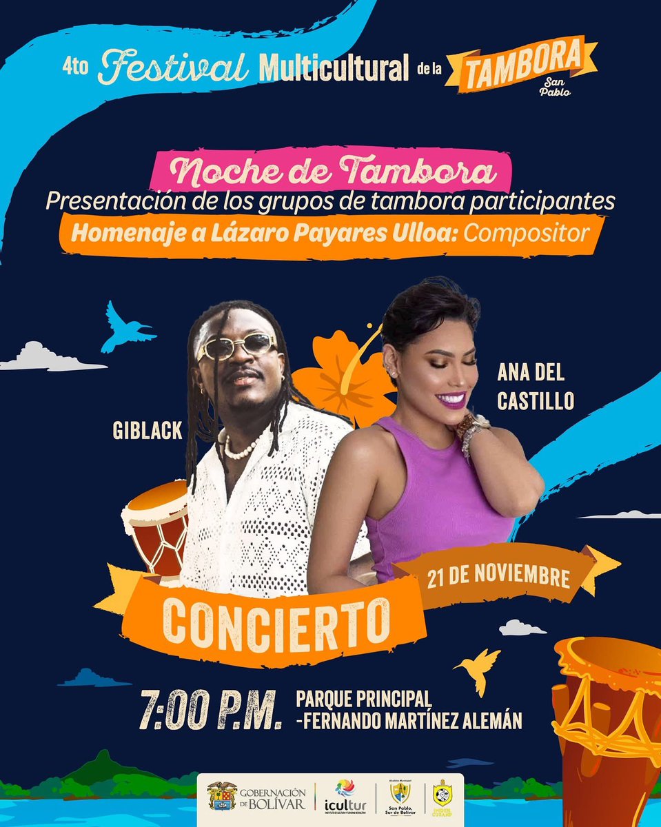 Una noche para sentir el ritmo en la piel. ✨🥁

El 4to Festival Multicultural de la Tambora presenta a sus grandes grupos y rinde homenaje al maestro Lázaro Payares Ulloa, cerrando con un concierto el 21 de noviembre que estremecerá a San Pablo: Ana del Castillo y Gi Black.