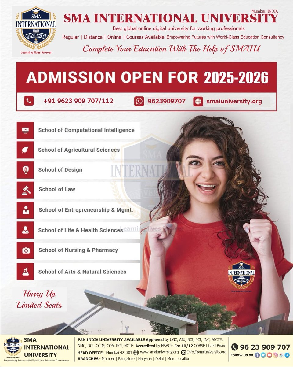 SMAIUniversity's tweet image. 📢 ADMISSIONS OPEN 2025–26
🎓 Shape Your Future with Globally Recognized &amp;amp; Government-Approved Programs

🎓 Programs Offered – All Streams &amp;amp; Levels
🟡 Certificate
🟠 Diploma
🔵 Bachelor’s Degree
🔴 Master’s Degree
🟣 M.Phil / Ph.D.

🔖 #Admissions2025 #UGPGPhD #StudyOnline