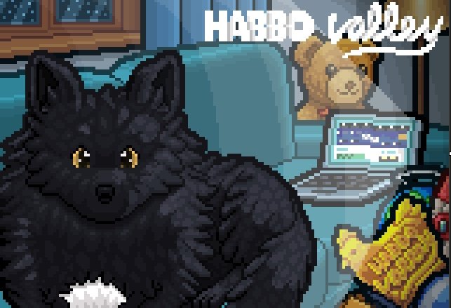 Recently worked with the <a href="/thehabbovalley/">HabboValley 🧸</a> team of <a href="/De_Habbo/">Habbo DE</a> on another MPU banner in my art portfolio! 🖼️

They requested a cosy, ‘feel-at-home’ vibe for this one.

So here’s my interpretation! 🐕🏡☁️✨

#Habbo #HabboHotel #PixelArt #DigitalArt #PixelDog