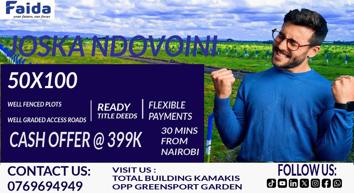 FaidaHomes's tweet photo. Own a prime 50x100 plot in Joska Ndovoini at an unbeatable cash offer of 399K!
Ready title deeds, well-fenced plots, graded roads & flexible payments.
Your future starts with Faida.
#FaidaHomes #JoskaPlots #RealEstateKenya #LandForSaleKenya #AffordablePlots #InvestInLand https://t.co/2RUHoEG7qC