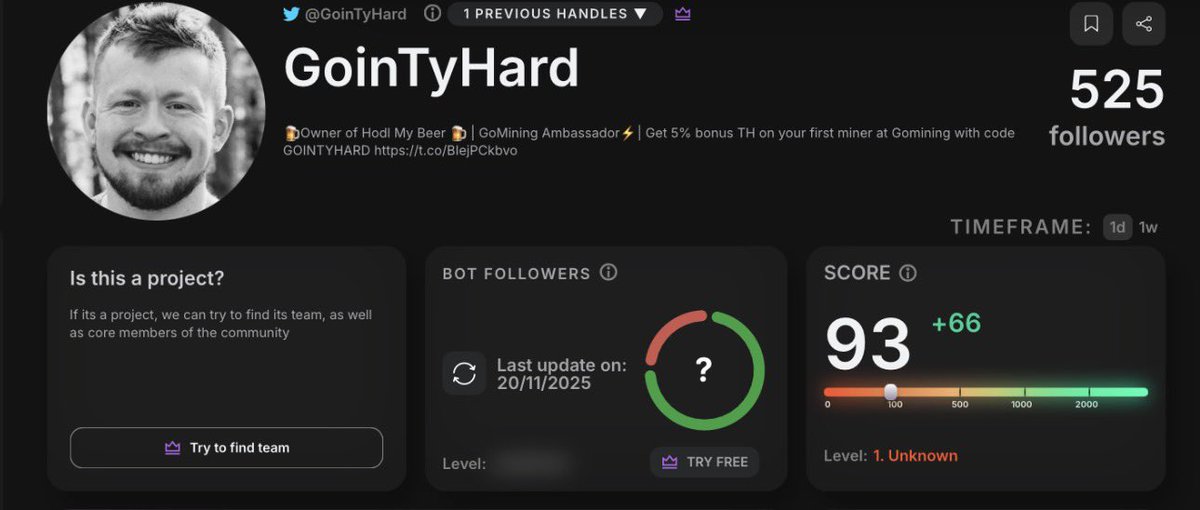 GoinTyHard's tweet image. Day 2: 93 score.

@TweetscoutApp did I do it?

#GoMining #GoMiningCommunity