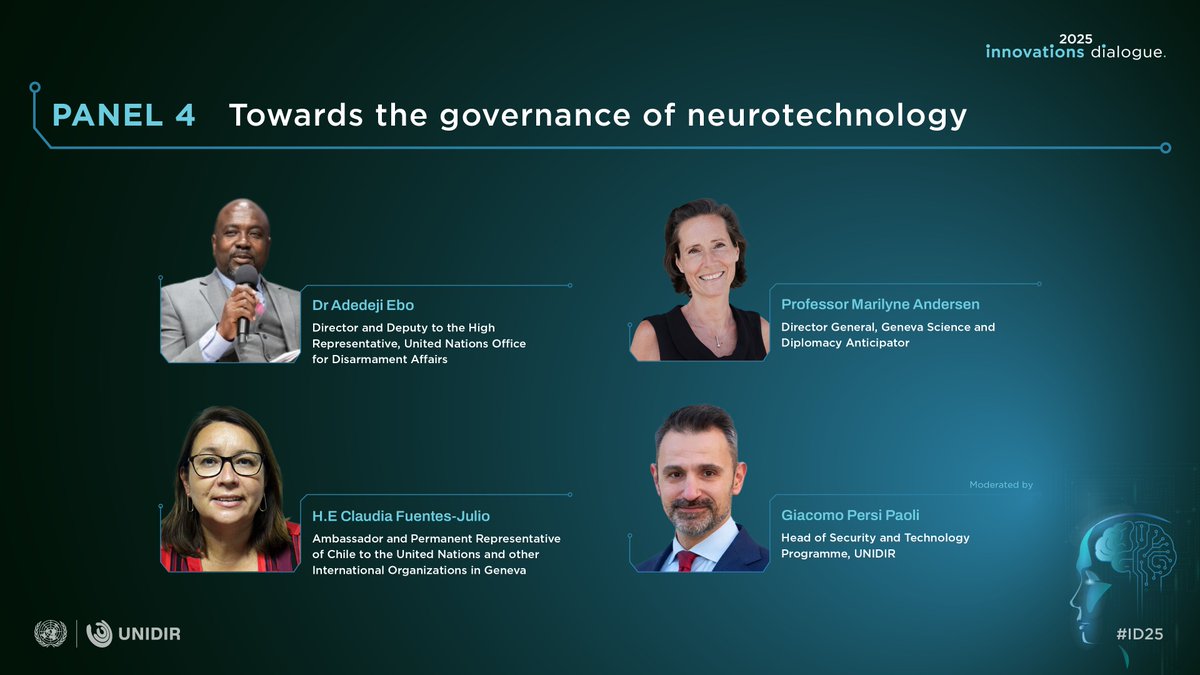 UNIDIR's tweet image. As neurotechnologies evolve and their security applications expand, at UNIDIR&apos;s #ID25 panel 4, senior leaders will assess the governance landscape, ongoing international efforts, and pathways to address risks while promoting responsible innovation.

🔗 unidir.org/ID25