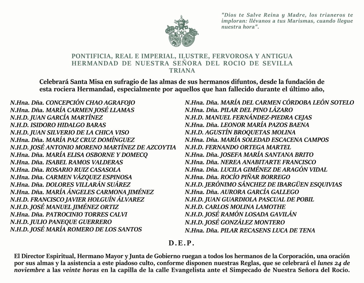 El próximo lunes día 24 de noviembre a las 20:00h, Santa Misa de Réquiem en sufragio de las almas de nuestros hermanos difuntos, especialmente de los fallecidos en el último año.