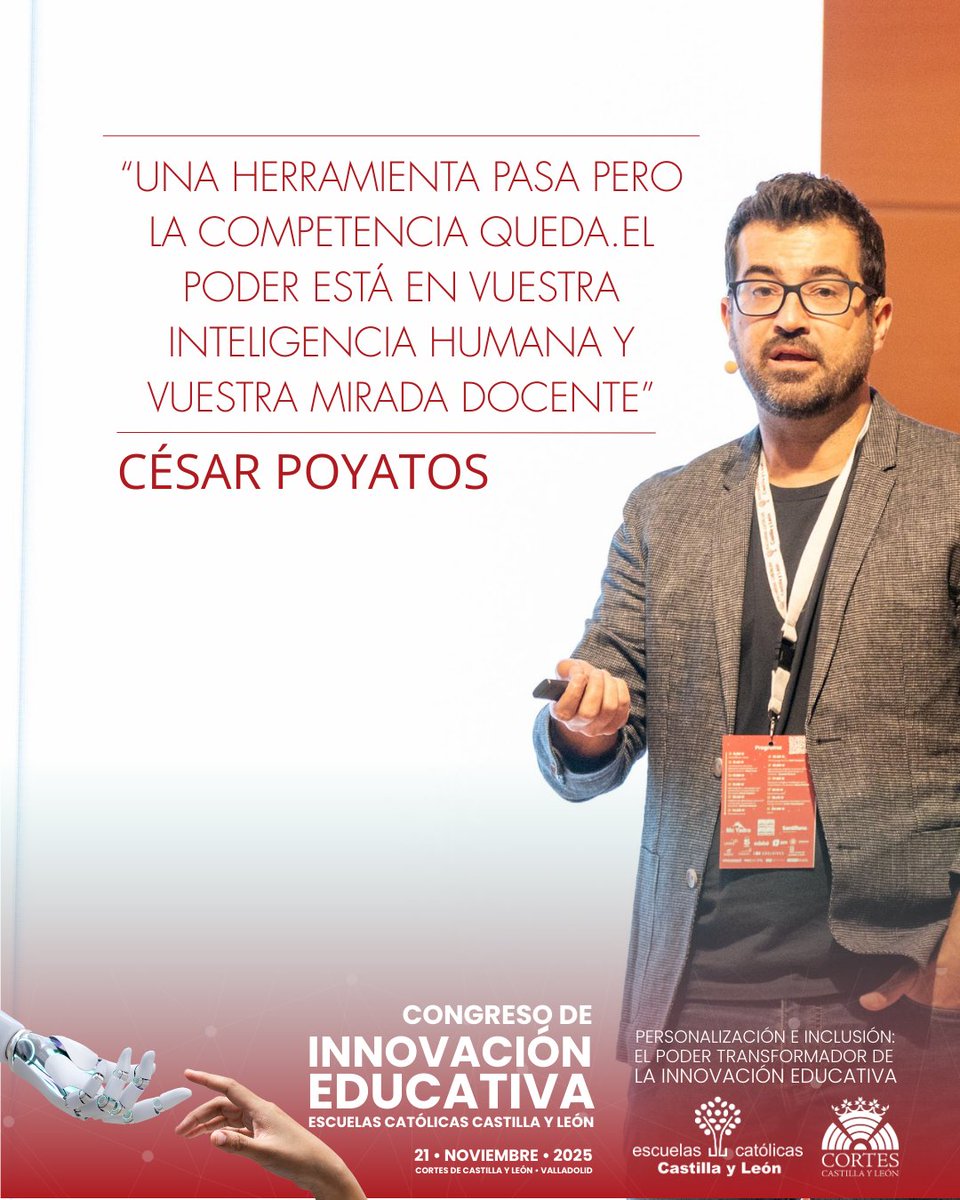 "El problema no es la herramienta, es cómo la utilizamos", asegura <a href="/cpoyatos/">César Poyatos Dorado @cpoyatos.bsky.social</a>👉"Tenemos que enseñar a contrastar información, discernir fuentes, a cuestionar y a comprobar si lo que he buscado en Internet es veraz o no"

#CongresodeInnovaciónEducativa #EscuelasCatólicas #CyL