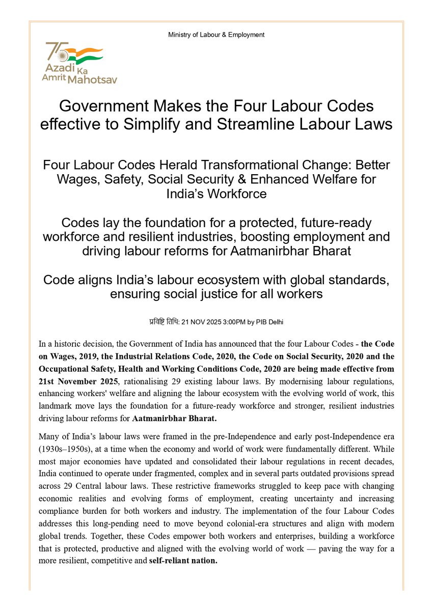 imcaraj's tweet image. Four Labour Codes Implemented 
effective from 21st November 2025

Existing 29 Labour Laws Merged into 4 Labour Codes

1. Gratuity eligibility after just one year, instead of five years
2. Voluntary Coverage under ESIC for All Workers even below 10 workers

#NewLabourCode
