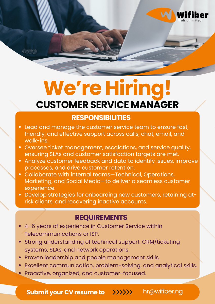 mywifiber's tweet image. We’re Hiring! 🚀
Qualified and interested candidates should send their CV to hr@wifiber.ng
Join the Wifiber team and grow with us!
#hiring #jobvacancyalert #career #wifiber