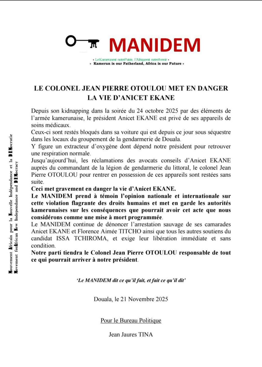 Le MANIDEM accuse le colonel Jean Pierre Otoulou de mettre en danger la vie d’Anicet Ekane : depuis son enlèvement, ses appareils médicaux dont son extracteur d’oxygène restent séquestrés à la gendarmerie.
