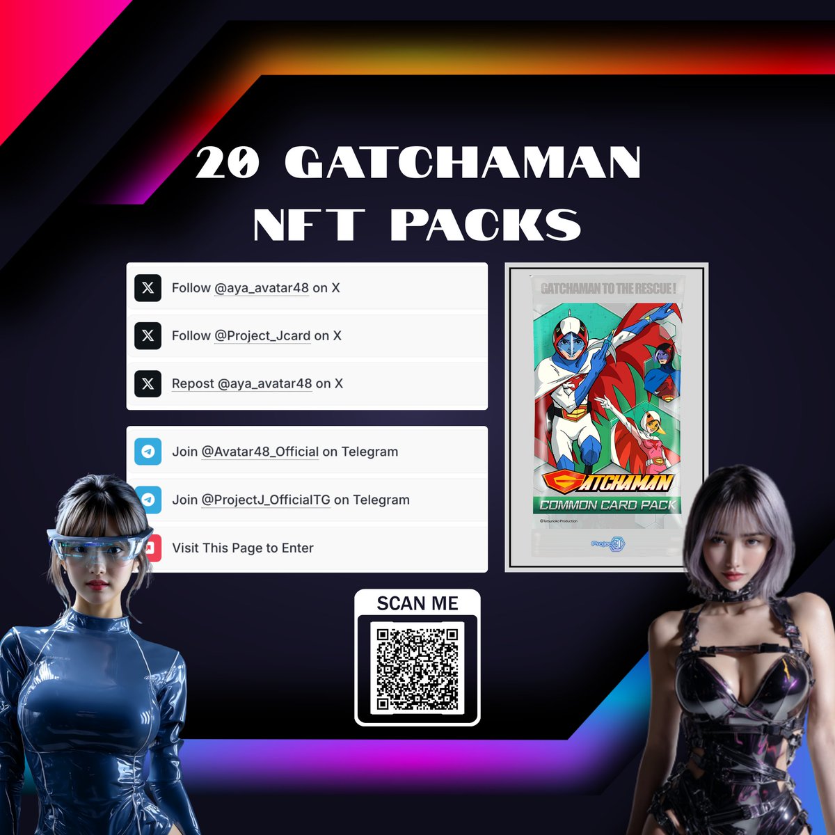 Our Avatar48 x <a href="/Project_Jcard/">Project J</a> giveaway is still open!

▶️ Enter here: gleam.io/6hNCD/-avatar4…

Join now for a chance to win 1 of 20 Gatchaman NFT Common Packs