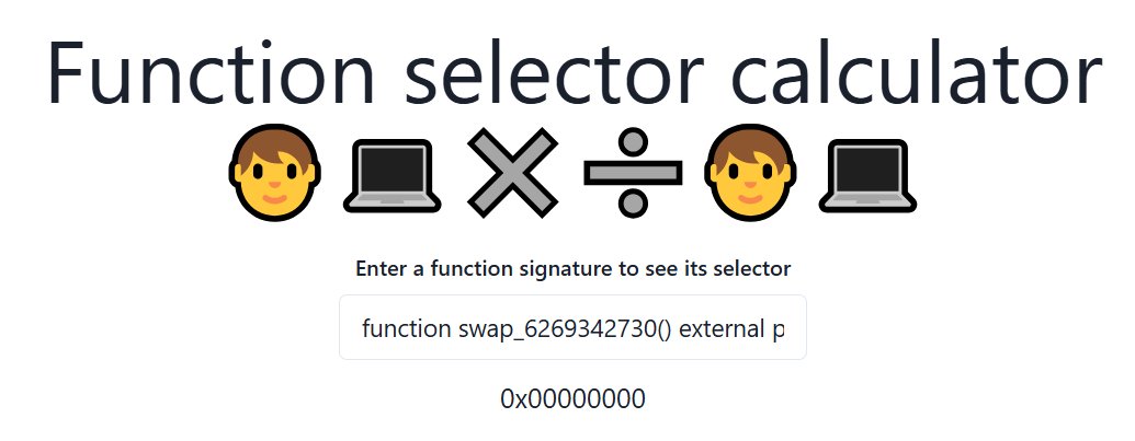 eth_fullstack's tweet image. little #solidity fact: did you know that a function&apos;s selector can be bytes4(0)? For example: 

function swap_6269342730() external payable

P.S. cudos to @therealjfrantz for the selector calculator