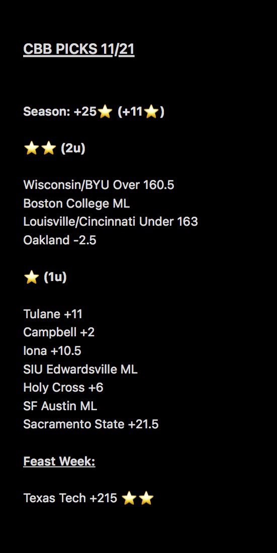 EazyLockz's tweet image. CBB PICKS 11/21

LOCK in lets have back to back near sweeps!

Lots of action today lmk if you’re tailing or what you’re on ⬇️

FOLLOW for more daily LOCKS!

#CBB #CollegeBasketball #sportsbetting #NCAAB #picks #parlay #cbbpicks #GamblingX #GamblingTwitter #prizepicks #sportsbook