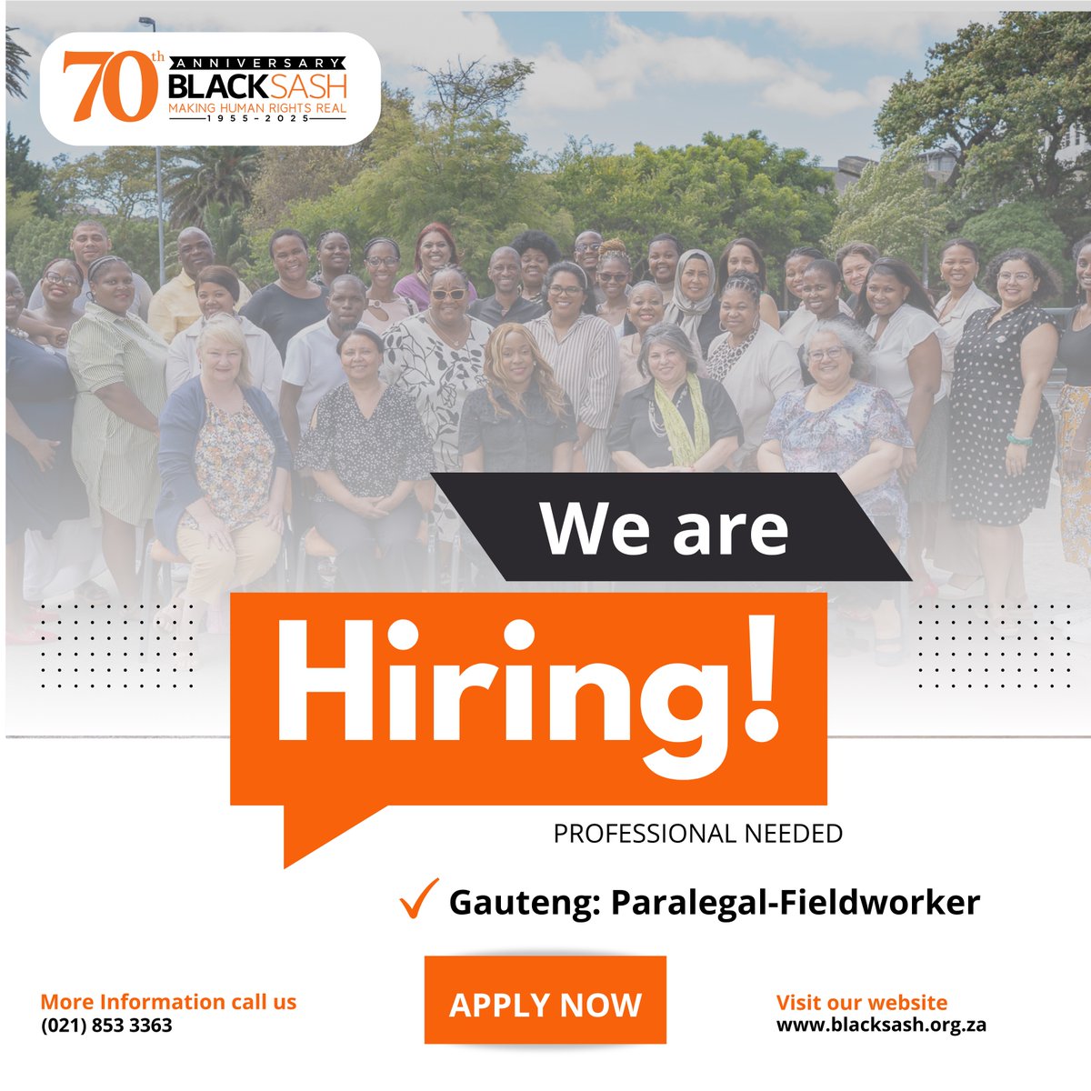Be part of a legacy that makes human rights real.
Black Sash is seeking a dedicated and experienced Paralegal-Fieldworker to advance human rights on the ground — empowering communities, supporting partners, and driving meaningful change across the country.

📍 Gauteng Regional