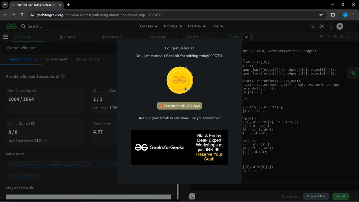 a_gupta30206's tweet image. Hey BitBuddies 💻✨!!
Day 82 of my #100DaysOfCode challenge 🚀🔥
🟢 LeetCode:Unique Length-3 Palindromic Subsequences
🟢 GFG:Shortest Path Using At Most One Curved Edge
Small steps daily — big gains over time 💪✨
#leetcode #geeksforgeeks #coding #buildinpublic #DevCommunity