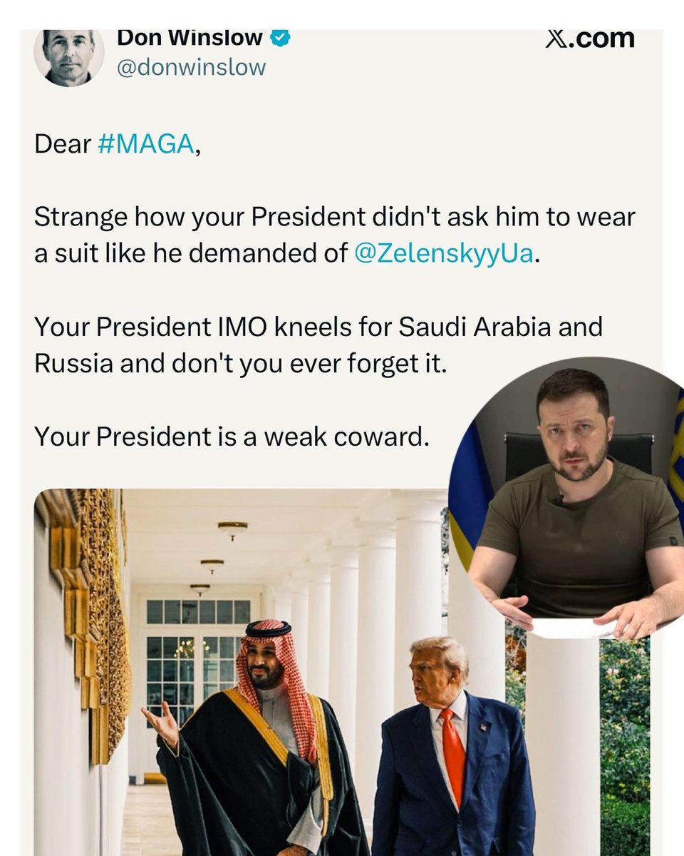 w_terrence's tweet image. Let me be very clear since y’all really don’t know the difference. 

Zelensky showed up in Washington begging for billions in U.S. taxpayer money and couldn’t even put on a suit.
He came here asking for something.

The Saudi Crown Prince showed up announcing over ONE TRILLION…