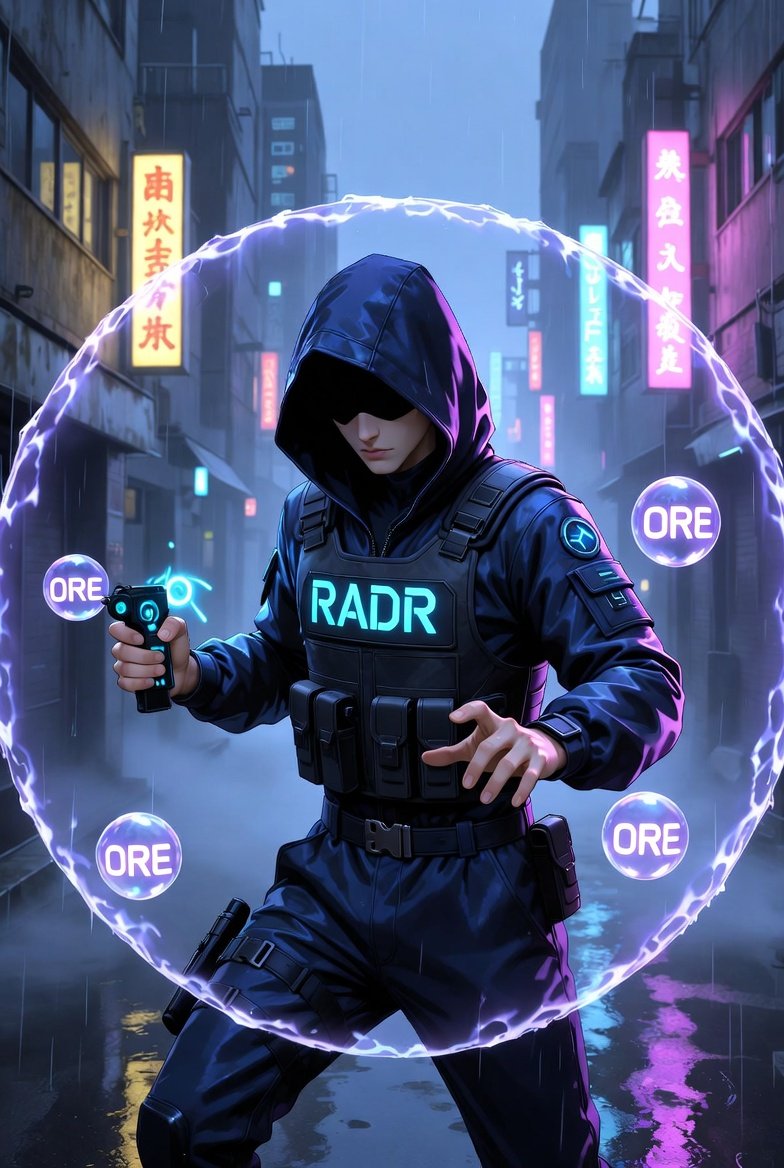 ネオンに照らされた都市の路地でOREの球に囲まれたRADRエージェントを描いたサイバーパンク風イラスト