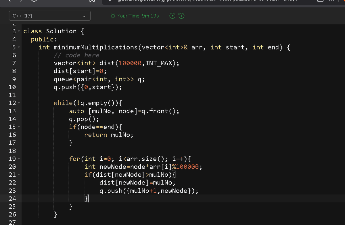 diwa810's tweet image. Day 90 of #100DaysOfCode today solved a #graph problem Minimum Multiplications to reach End on #gfg
in this i use the #Dijkstra algo with the dist arr of 100000
size because of the given condition
#coding #CodingJourney #DSA #LeetCode #algorithm