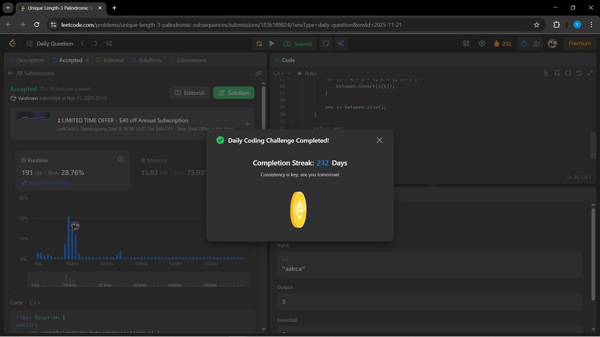 a_gupta30206's tweet image. Hey BitBuddies 💻✨!!
Day 82 of my #100DaysOfCode challenge 🚀🔥
🟢 LeetCode:Unique Length-3 Palindromic Subsequences
🟢 GFG:Shortest Path Using At Most One Curved Edge
Small steps daily — big gains over time 💪✨
#leetcode #geeksforgeeks #coding #buildinpublic #DevCommunity