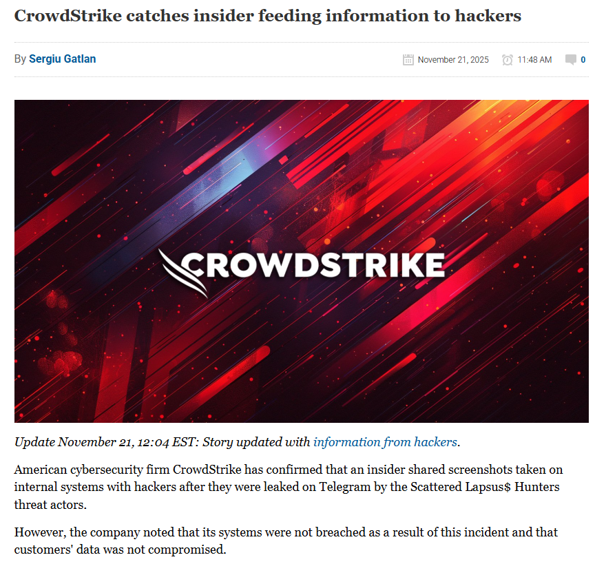 H4ckmanac's tweet image. 🚨Cyber Alert‼️

🇺🇸USA - Crowdstrike

CrowdStrike has identified and terminated a malicious insider who leaked internal screenshots to hackers.

The incident came to light when screenshots of CrowdStrike’s systems appeared on Telegram, shared by threat actors from groups…