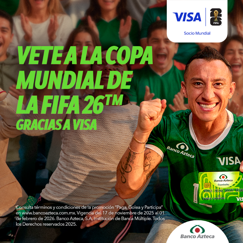 BancoAzteca's tweet photo. Tú pones la tarjeta de débito, nosotros los accesos a la Copa Mundial de la FIFA 26TM, gracias a Visa🏆
