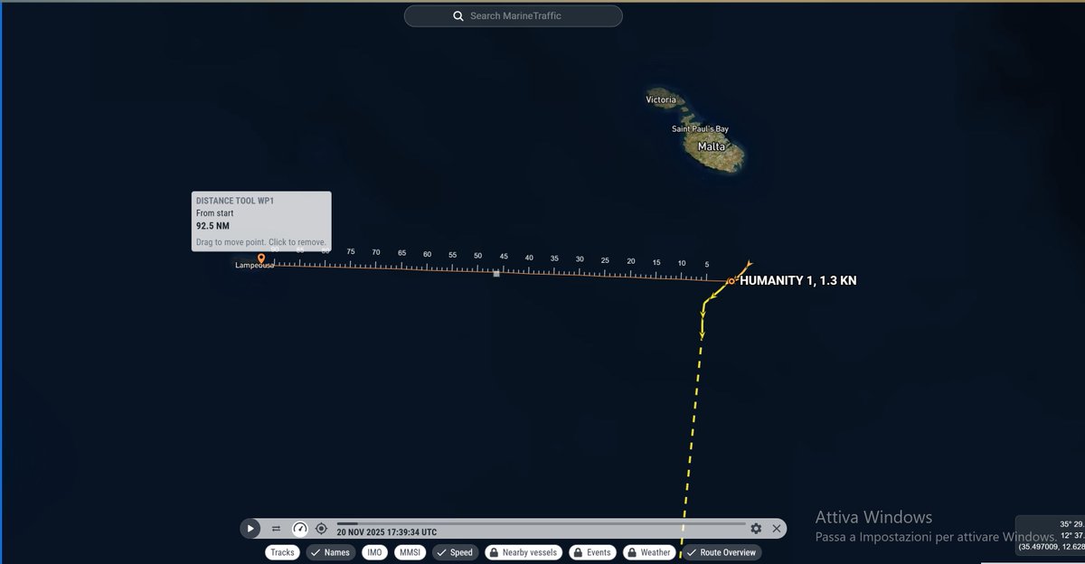 TrafficoNaviOnc's tweet image. 21.11.2025 guardando bene la rotta di ieri #humanity1 ieri 20 novembre ha fatto una fermata dalle 17.40 alle 18.42 UTC probabile avvistamento di una bara galleggiante (vuota ???)
