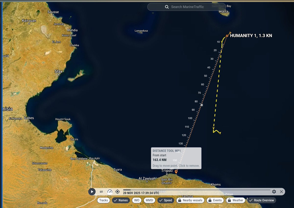 TrafficoNaviOnc's tweet image. 21.11.2025 guardando bene la rotta di ieri #humanity1 ieri 20 novembre ha fatto una fermata dalle 17.40 alle 18.42 UTC probabile avvistamento di una bara galleggiante (vuota ???)