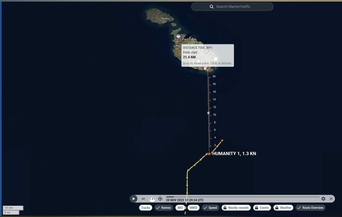 TrafficoNaviOnc's tweet image. 21.11.2025 guardando bene la rotta di ieri #humanity1 ieri 20 novembre ha fatto una fermata dalle 17.40 alle 18.42 UTC probabile avvistamento di una bara galleggiante (vuota ???)