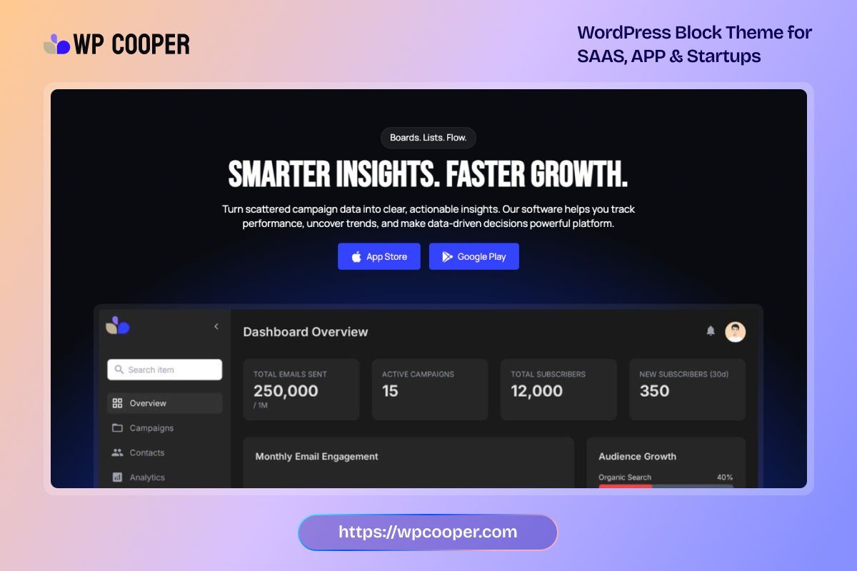 wp_cooper's tweet image. Today’s pattern is for SaaS apps that want to explain their value instantly. Clean headline + subheading + feature highlights. Loads ultra-fast because it’s 100% block-based. 

Get started for free: wpcooper.com