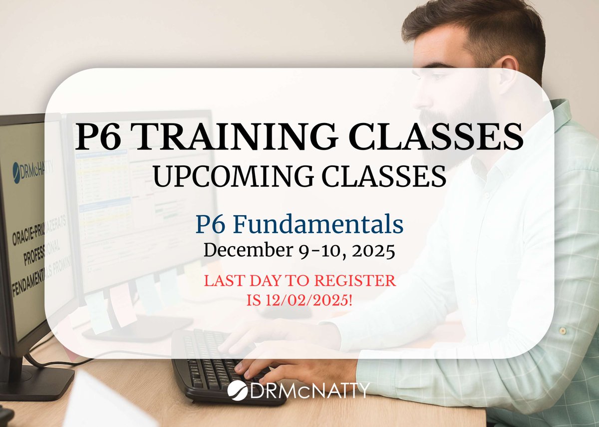 DRMcNatty's tweet image. Last Oracle Primavera P6 training of 2025 | December 9-10, 2025

Live online w/ Certified Trainers offering hands-on workshops on planning &amp;amp; reporting.

Register by December 2, 2025!
drmcnatty.com/services/train…

#Training #OraclePrimavera #PrimaveraP6 #DRMcNatty
