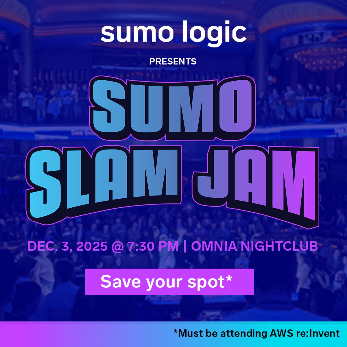 SumoLogic's tweet image. If you&apos;re going to AWS re:Invent, don&apos;t miss #SumoSlamJam! 💥

World-champion Sumo wrestlers will take over Las Vegas for an unforgettable, adrenaline-packed night that&apos;s always a crowd&apos;s favorite.

🤼‍♂️ Save your spot: ow.ly/qmkp50XvbVG 

#reInvent2025 #SumoLogic