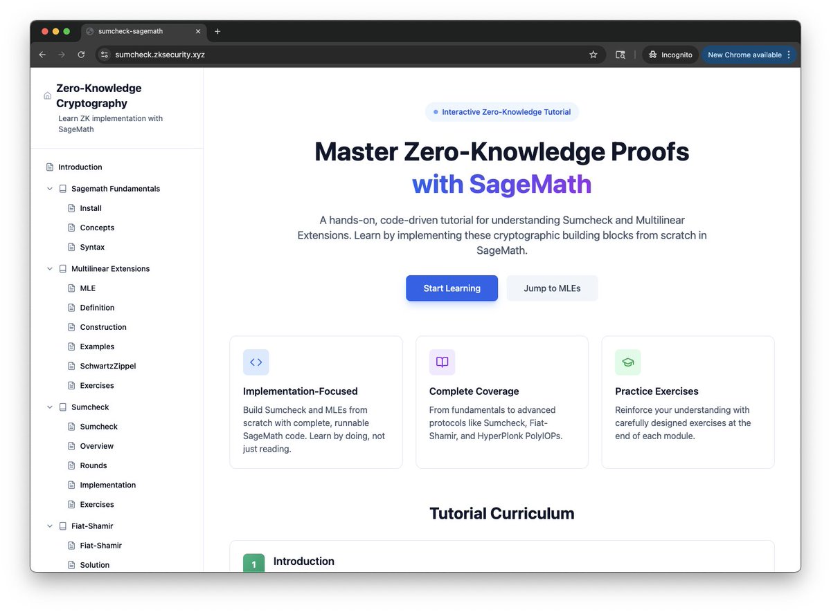zksecurityXYZ's tweet image. You wanted to learn more about the sumcheck? We wrote a whole tutorial to teach the sumcheck and protocols using the sumcheck (hyperplonk, GKR coming soon) with sagemath! Check it out below!