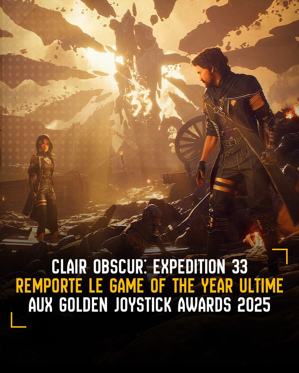 NEWS 🔥 
Clair Obscur: Expedition 33 a remporté le plus de récompenses aux Golden Joystick Awards, avec 7 prix dont l’Ultimate GOTY !
 
🏆 Game of the Year Ultime
🏆 Studio de l’année
🏆 Meilleure narration
🏆 Meilleure bande originale
🏆 Meilleur design visuel
🏆 Meilleure
