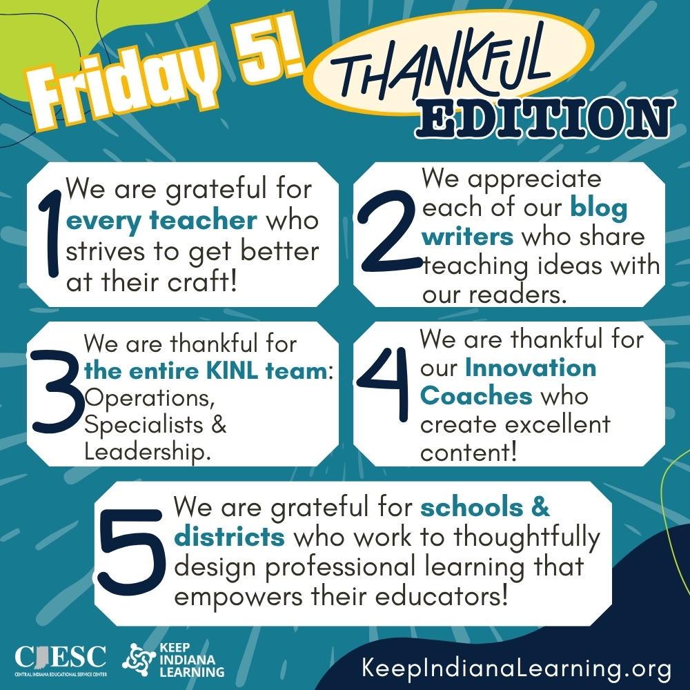 KeepINLearning's tweet image. It&apos;s a special #FridayFive, the Thankful Edition! 🍂 We&apos;re grateful for dedicated teachers and the schools/districts that empower them. 🌟 We also want to shout out our fantastic Innovation Coaches, Contributors, and team who share their expertise every day. 🌟 We appreciate you!…