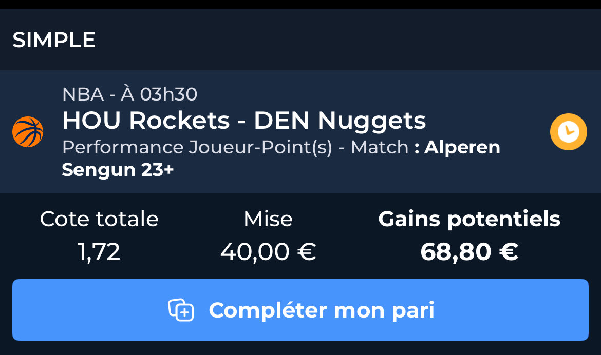 FastBreakTips's tweet image. #NBA 

🗓️ 22/11 

🎯 Bet : 

Sengun over 22,5 points 
@ 1,72 💰 2% 

Vous allez me dire oui Denver est une grosse équipe en plus elle lock bien les pivots mais Sengun est absolument en feu, il fait partie de ces joueurs que tu aime regarder jouer quand tu est fan de basketball et…