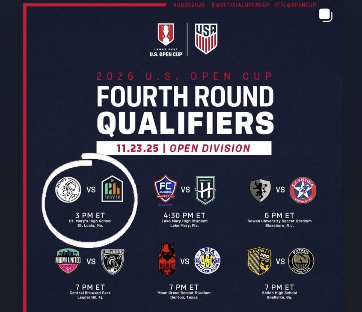 🏆U.S. Open Cup 4th Round🏆

<a href="/Bohfs_stl/">Bohfs_stl</a> vs Chicago House AC.

St. Mary's HS (St. Louis, MO)

Sunday, November 23 2:00 PM

Come out and support some local soccer! <a href="/Bohfs_stl/">Bohfs_stl</a>