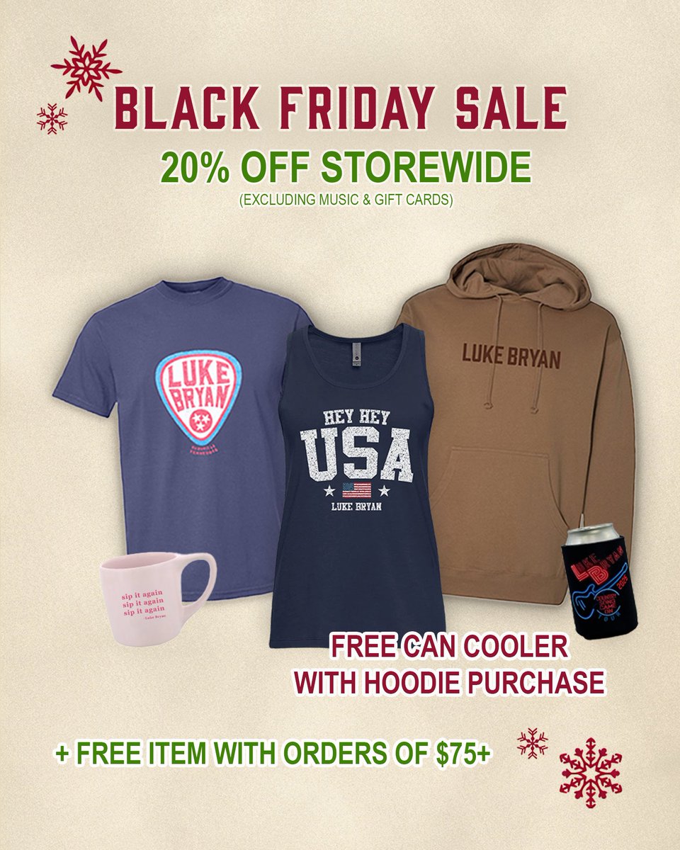 lukebryan's tweet image. Give the gift of country this holiday season. 20% off merch and free gifts start today. Shop now: store.lukebryan.com

-Team Luke