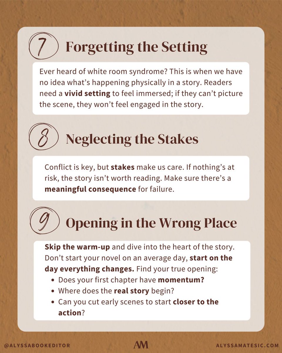 Your first pages can make or break your book, so check yours against these common errors I see all the time in manuscripts I'm editing:

❌ Spotlighting inconsequential characters
❌ Delivering too much backstory
❌ Burying the action
❌ Starting with a lengthy prologue
❌