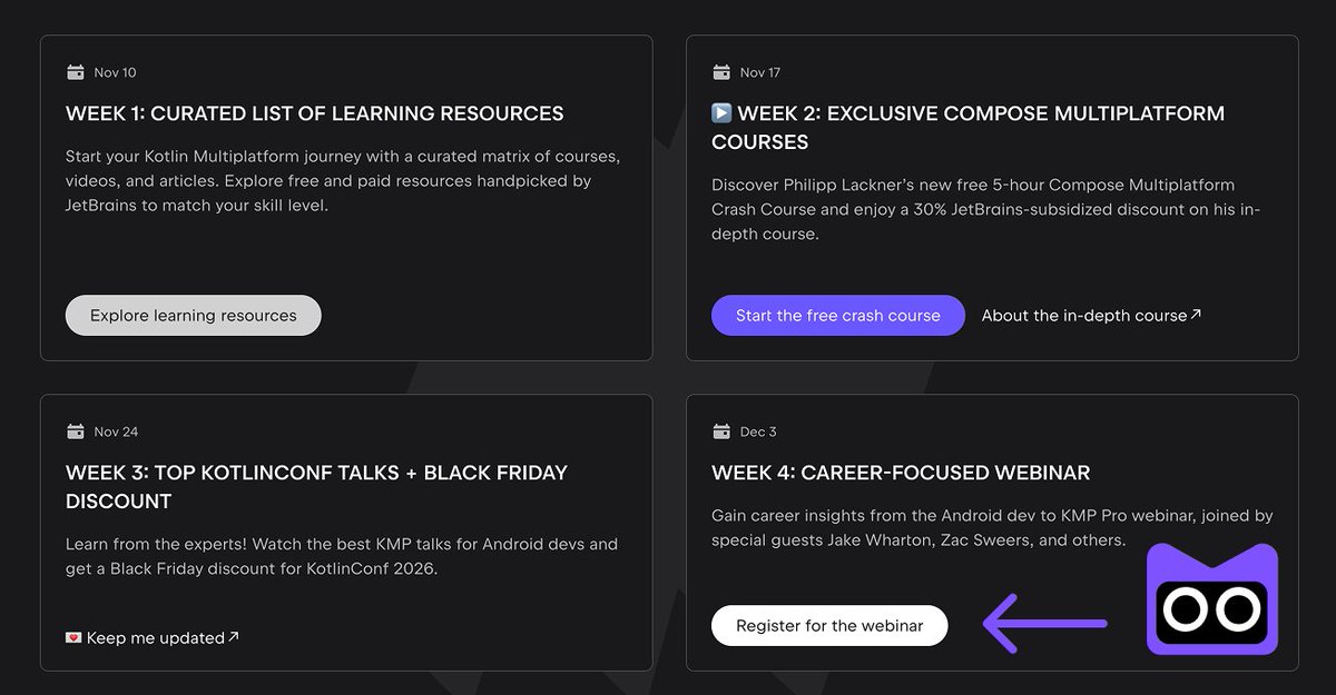 kotlin's tweet image. 📹 Registration for our #KMPLevelUp career webinar is now open! Get your questions ready for legends like Jake Wharton, Zac Sweers, and other Android experts. 

And ICYMI, the 5-hour CMP crash course is the perfect weekend project.

Register &amp;amp; watch here: jb.gg/jvi6lr