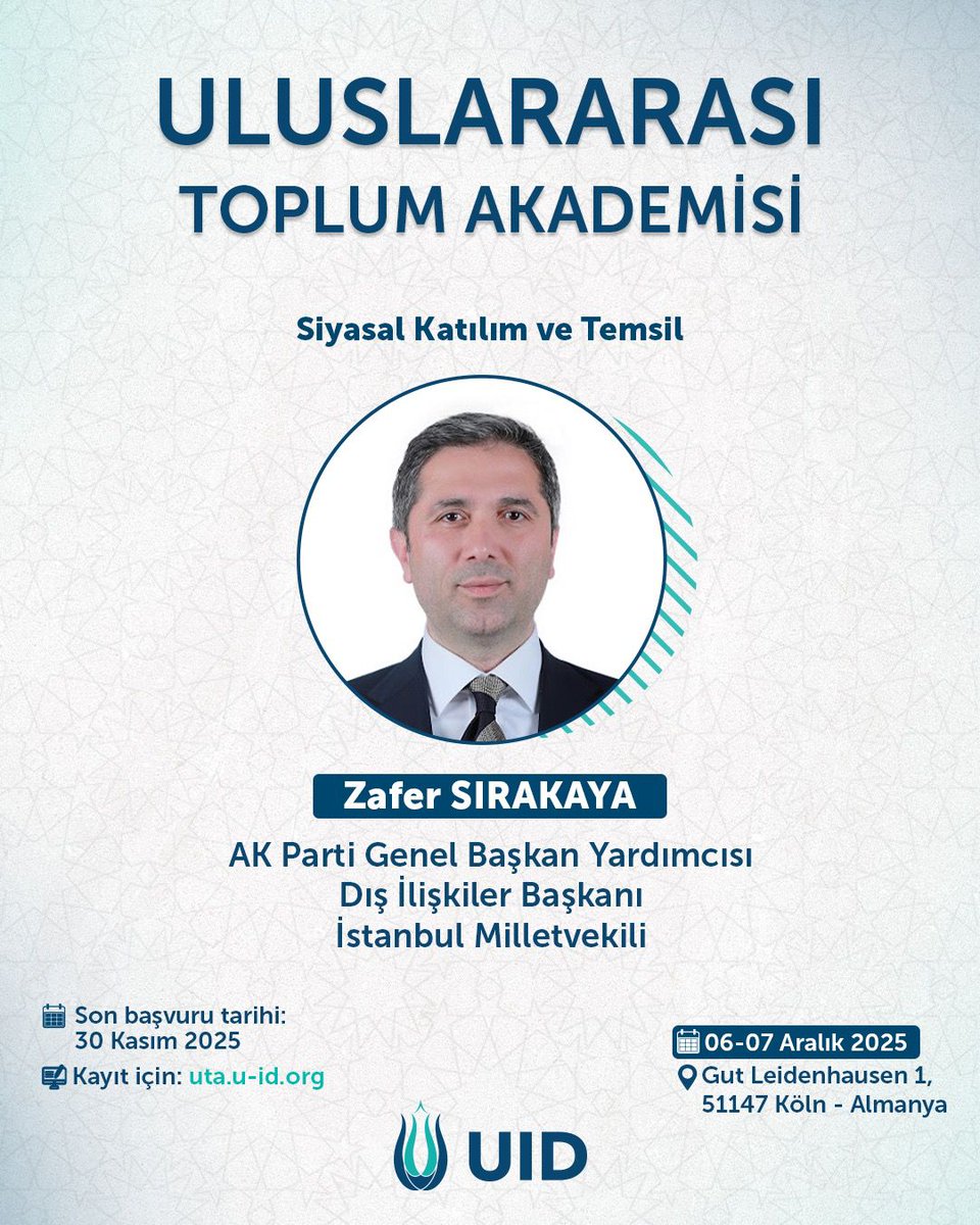 U_I_D's tweet image. 🎤 Zafer Sırakaya

AK Parti Genel Başkan Yardımcısı, Dış İlişkiler Başkanı; İstanbul Milletvekili

📚 Konu Başlığı: Siyasal Katılım ve Temsil
📝 Tanıtım:
Katılımcılara, hak ve sorumluluklarını daha bilinçli kullanabilmeleri için temsil ve katılım kültürüne dair temel bilgi ve…
