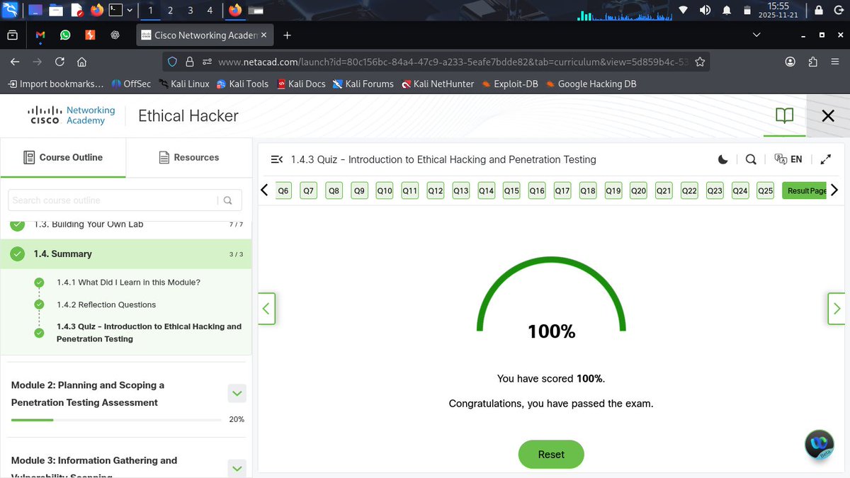 ABDULSALEE2005's tweet image. DAY 4 OF #100DaysofCybersecurity.
Been occupied with school work for a while now.
But managed to complete modeule 1 of @CiscoNetAcad  ethical hacker course today.