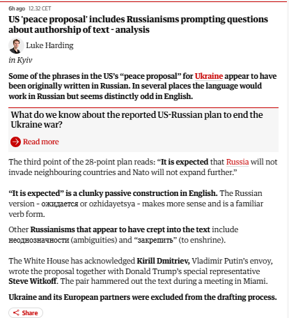 silupescu's tweet photo. L'analisi del testo del piano Trump-Putin per la capitolazione dell'Ucraina ha appurato che i 28 punti sono stati scritti in russo e poi tradotti in inglese.
Cioè il piano è stato concepito e scritto a Mosca e poi trascritto (malino) in inglese per la banda Trump. https://t.co/kz5quLefnn