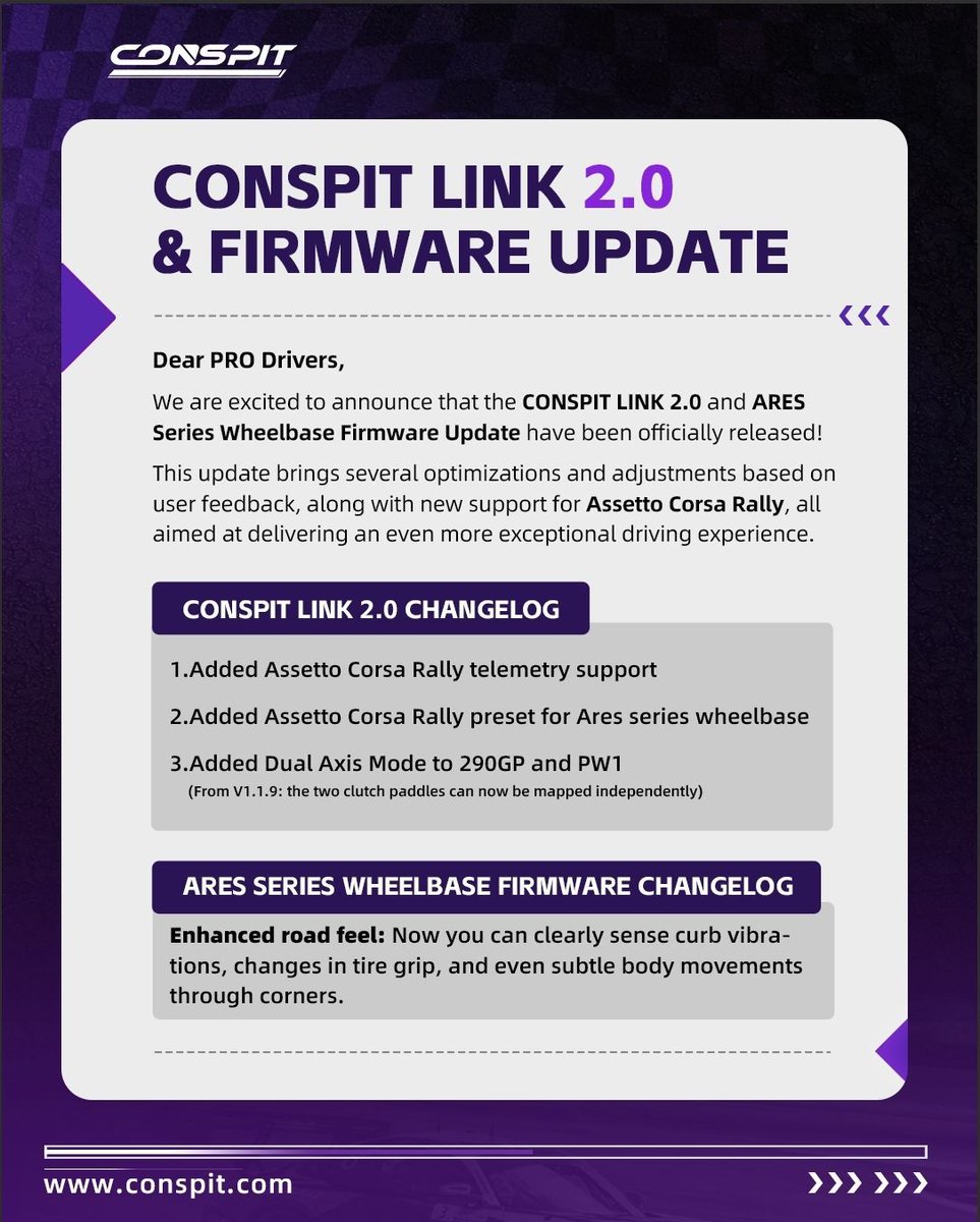 OfficialCONSPIT's tweet image. CONSPIT LINK 2.0 &amp;amp; Firmware Update

PRO DRIVERS&apos; CHOICE
 🛒conspit.com/distributors
 📱 linktr.ee/conspit_offici…
 #CONSPIT  #ProDriversChoice #ARESAPEX #Simracing  #RacingTechnology #assetto_corsa #assetocorsa #assettocorsarally