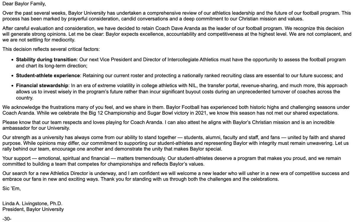 Matt_Fortuna's tweet photo. Baylor president Linda Livingstone made the Dave Aranda announcement in a letter to the school: https://t.co/YYkPZygUeB