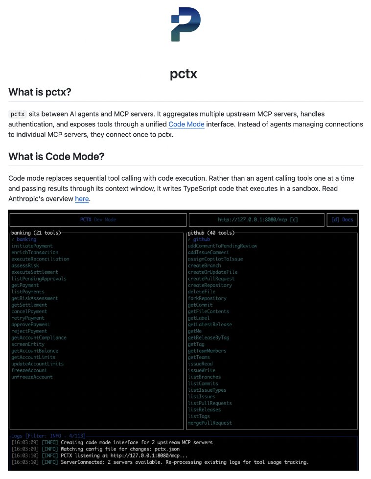 Framework de código aberto para conectar agentes de IA a ferramentas com Modo de Código.

 O pctx fica entre os agentes 