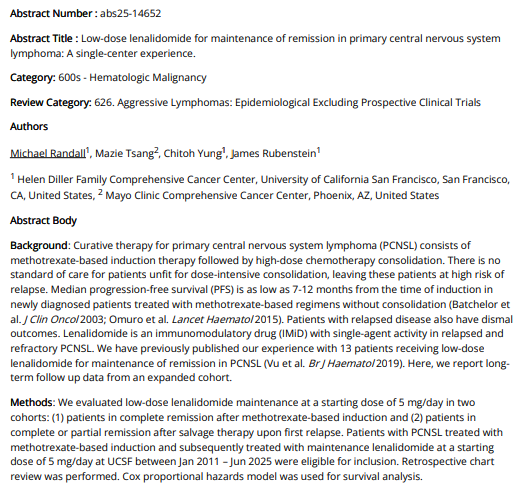 majorajay's tweet image. Low-dose len maint (5 mg/d) PCNSL #ASH25
- 89 pts: 39 after 1L MTX &amp;amp; no consolidation, 50 after salvage
- mPFS 13 mo, mOS 44 mo, 30% not relapsed!
- of 42 pts who relapsed after len, CR 60% and mPFS 13 mos after len re-initiation
Surprisingly good #gerionc outcomes. #lymsm
