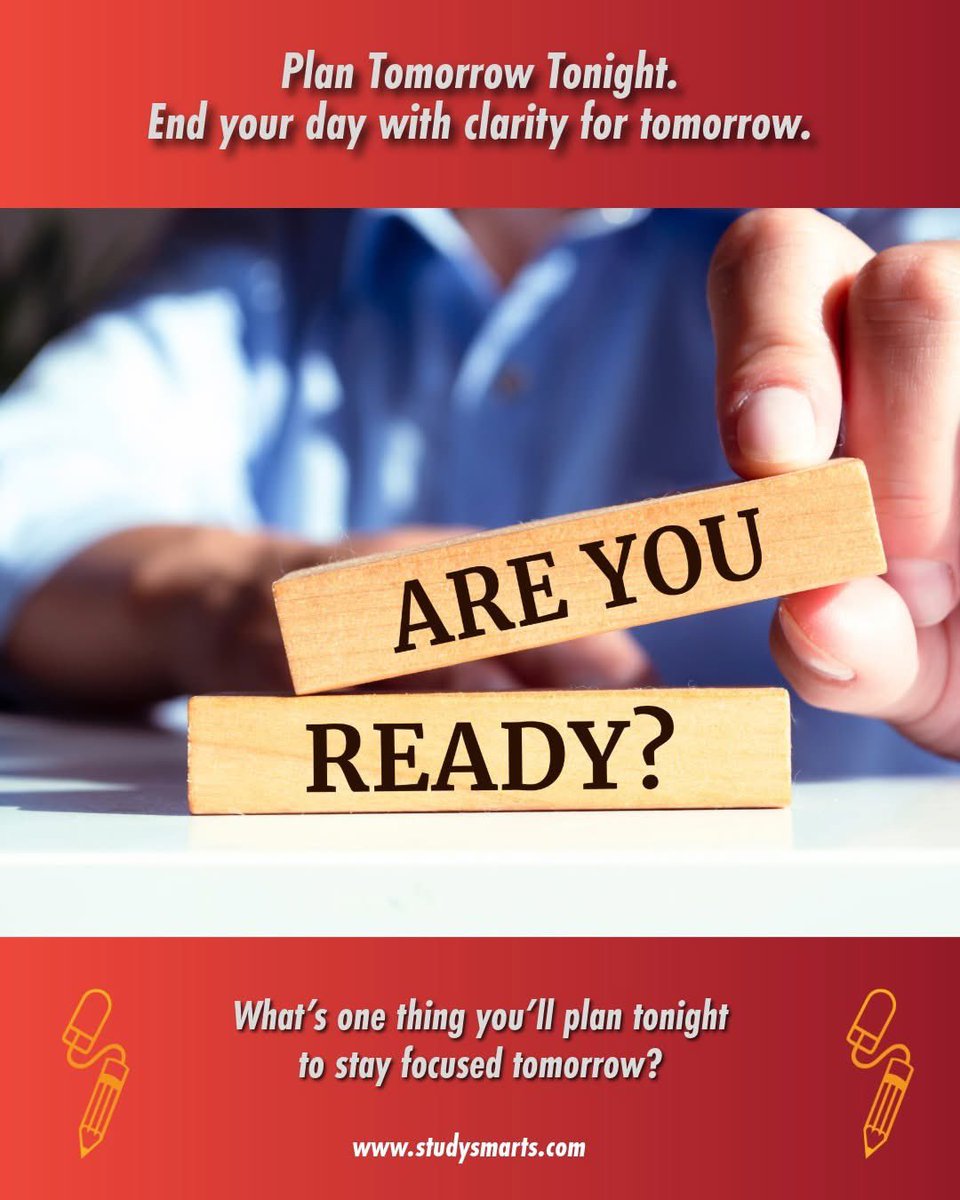 StudySmarts's tweet image. Plan Tomorrow Tonight.

End your day with clarity for tomorrow.

What’s one thing you’ll plan tonight to stay focused tomorrow?

#PlanAhead #FocusStrategy #StudySmarts #PreparationPays #GoalGetter