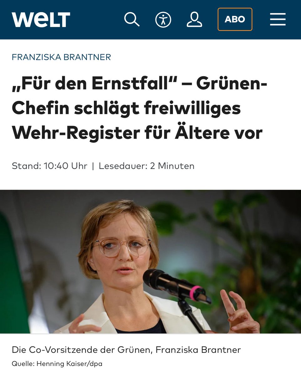 Georg_Pazderski's tweet image. Die GRÜNE Brantner schlägt freiwilliges Wehrregister für Ältere „für den Ernstfall“ vor. 

Ich hätte einige Namen, die mir SOFORT einfallen: 
Habeck, Hofreiter Özdemir, Fischer, Nouripour, Trittin, Lehmann, Kellner, Audretsch, Beck, Al-Wazir, Klingbeil, Schneider, Scholz, Heil,…