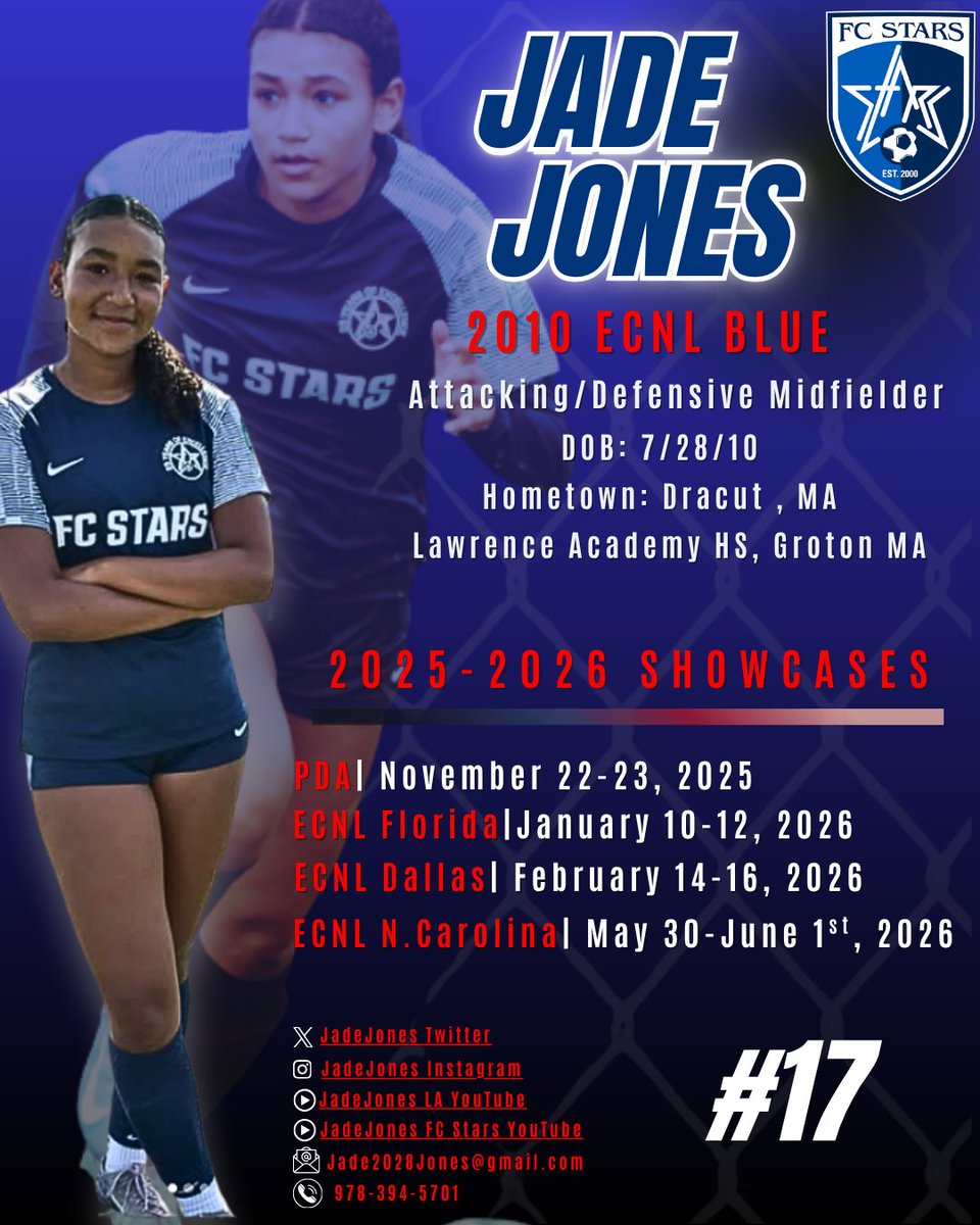 JJones17Soccer's tweet photo. At the PDA Showcase this weekend!
Attacking/Defensive Mid β’ FC Stars ECNL Blue β’ #17
Coachesβcome check out a game! β½οΈ
Schedule to follow. #PDAShowcase #FCStars #ECNLBlue #2010ECNL #SoccerRecruiting #Midfielder #ECNLPlayer #CollegeCoaches https://t.co/RHJVbzbS7y