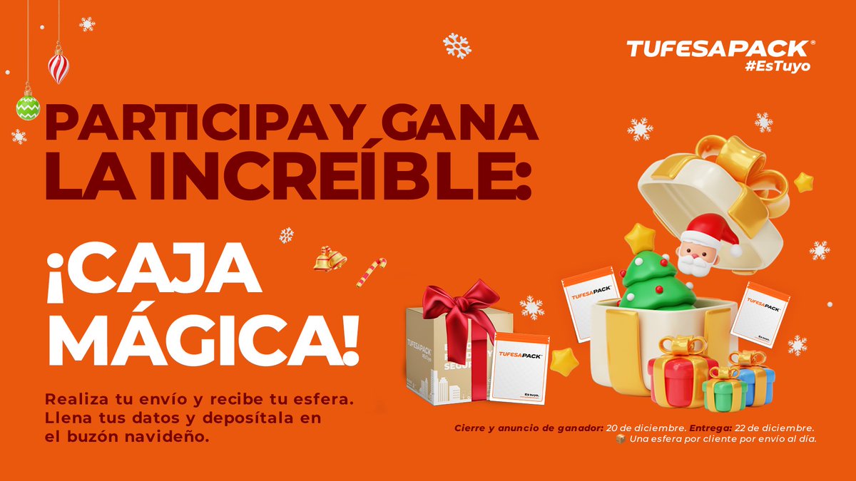 🎁 ¡Participa en la #CajaMágicaTUFESAPACK!
Realiza tu envío, recibe tu PACK Esfera, llena tus datos y deposítala en el buzón 🎄
📅 Sorteo: 20 dic | 🎉 Entrega: 22 dic
Una esfera por cliente por envío diario.
#NavidadTUFESAPACK
