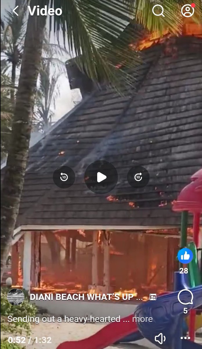 A building at Diani Reef resort burnt down today. No one putting water on the fire of course.

There's no indication the fire spread beyond this building.
